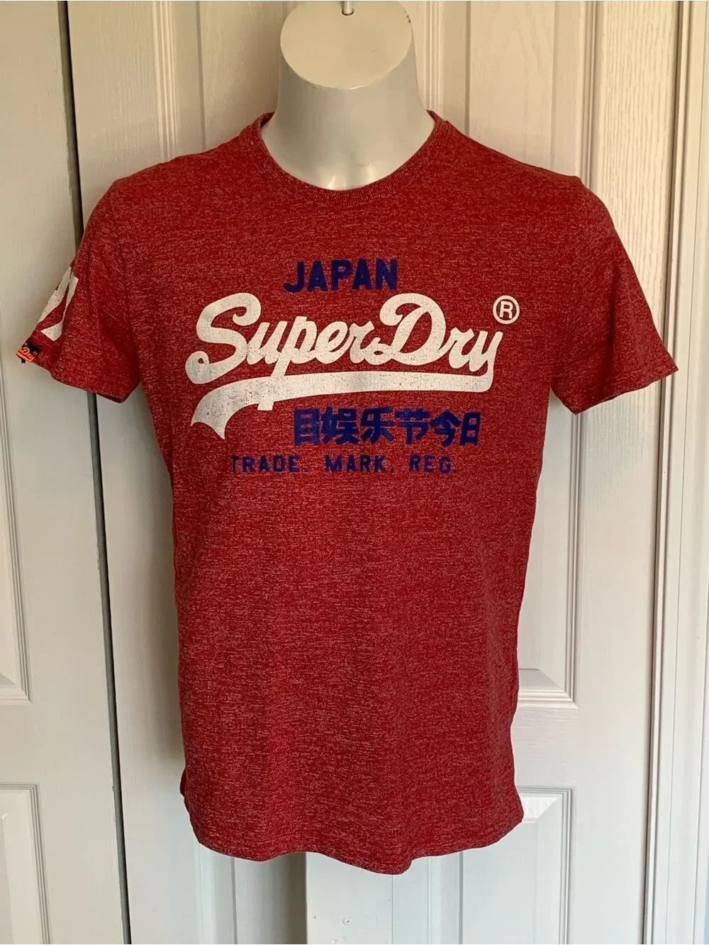 Superdry Men's Red Graphic Logo Tee with White & Blue Print